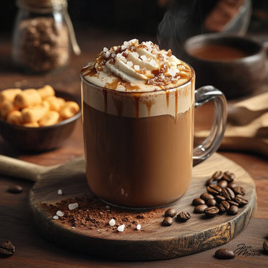 A glass mug of ☕ Sea Salt Caramel Mocha Coffee – Sweet, Salty & Sassy in Every Sip – sits on a wooden board with coffee beans, cocoa powder, and cookies, topped with whipped cream and caramel for a dessert-inspired treat.